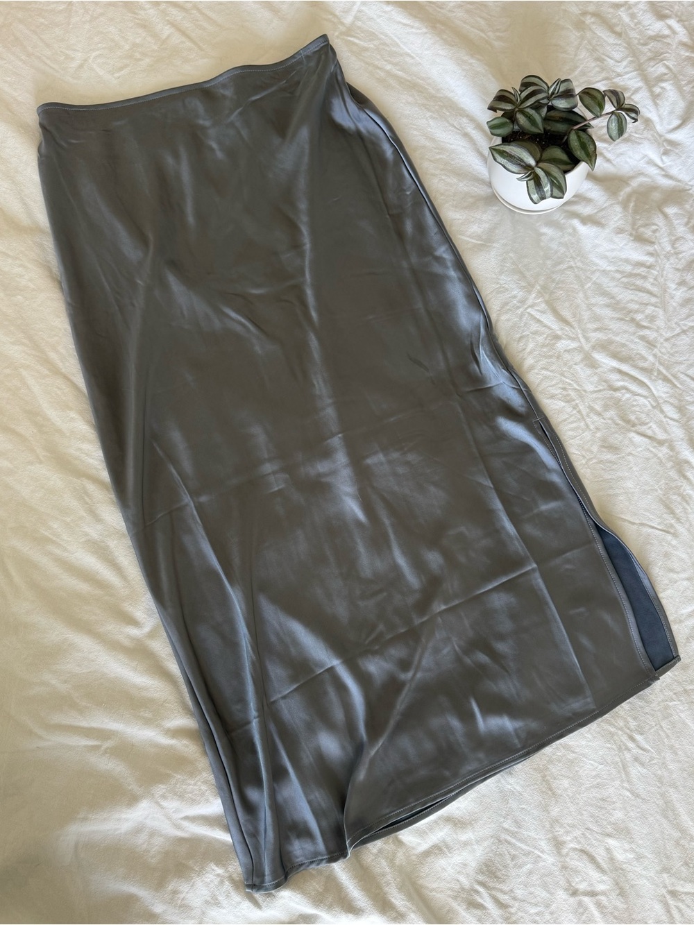 Satin Midi Slip Skirt in Blue Gray